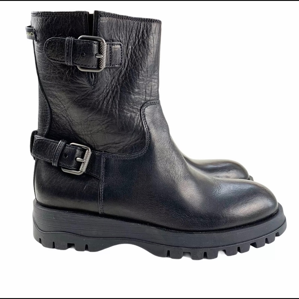 Prada 30MM Double Buckle Black Leather Moto Boots